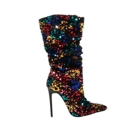 Azalea Wang Shoes - Azalea Wang Jimena Heeled Boots Rainbow Multi Sequin Embellished Stiletto 7.5